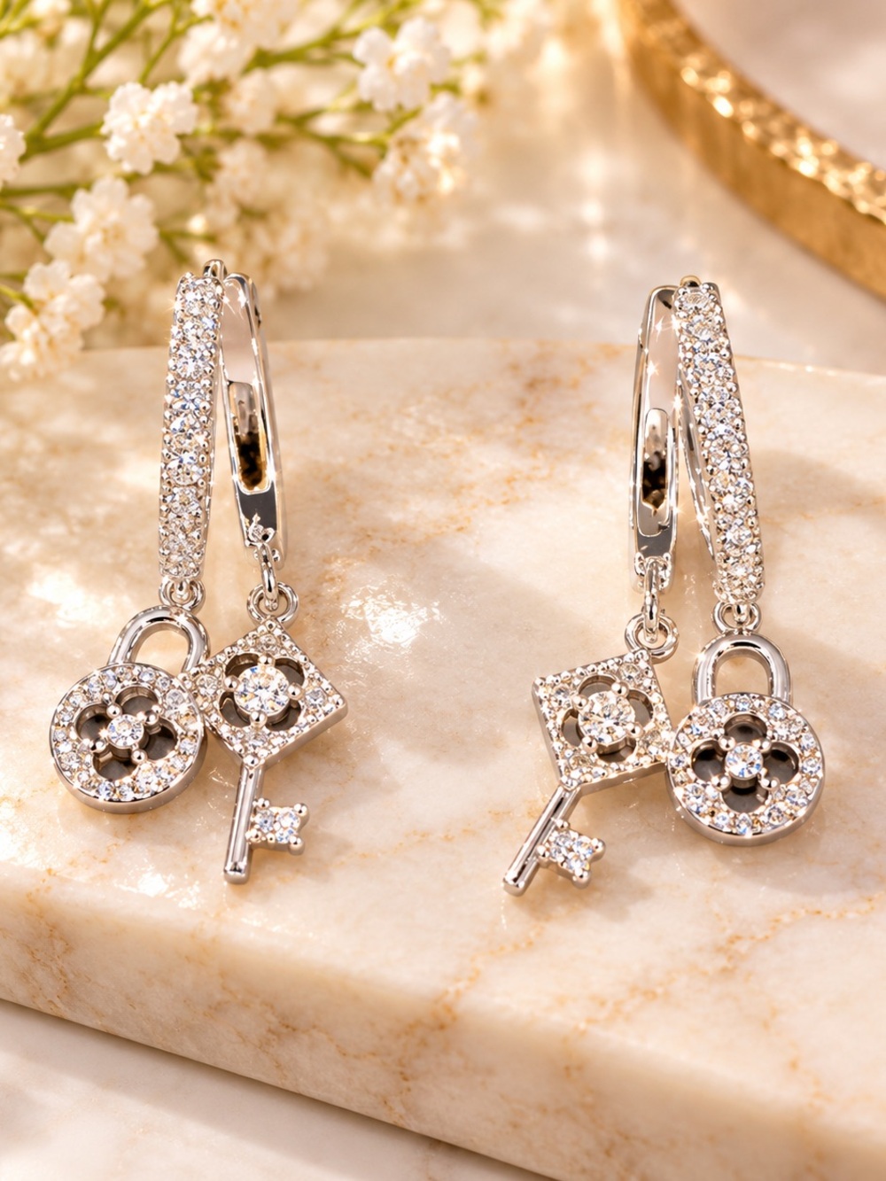 Sterling Silver Pavé Key & Lock Drop Earrings - Silver